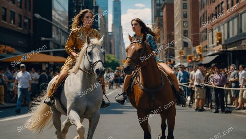 Two Elegant Women Riding Horses Through Busy City Streets