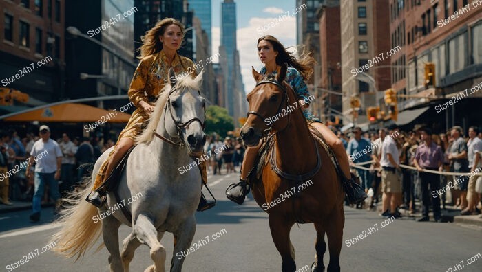 Two Elegant Women Riding Horses Through Busy City Streets