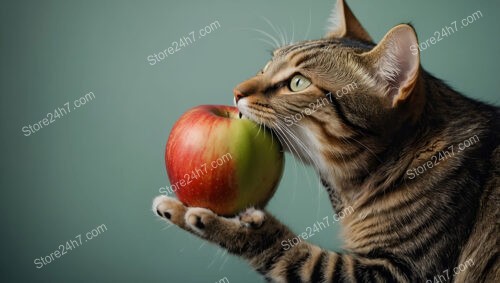 Vegan Cat Savors a Juicy Red and Green Apple