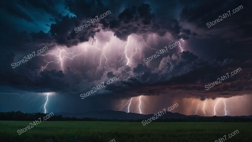 Vivid Lightning and Dark Clouds Over Calm Open Fields