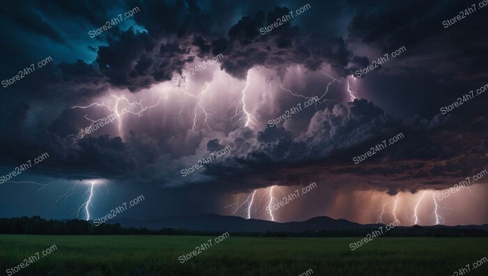 Vivid Lightning and Dark Clouds Over Calm Open Fields