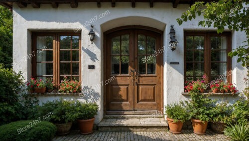 Welcoming Entryway with Wooden Doors and Flower Pots