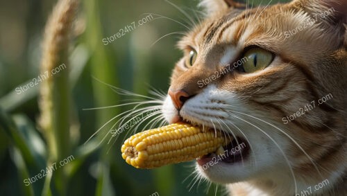 Whimsical Cat Chews on a Freshly Picked Corn Cob