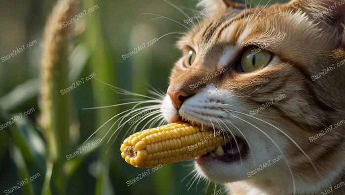 Whimsical Cat Chews on a Freshly Picked Corn Cob