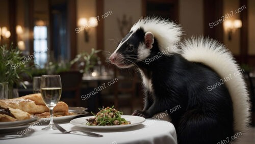 Whimsical skunk enjoying a fine dining experience in restaurant