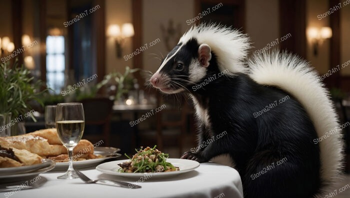 Whimsical skunk enjoying a fine dining experience in restaurant