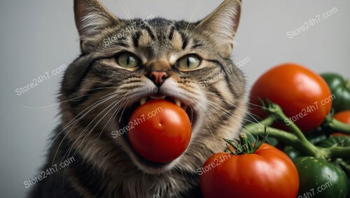Whiskered Cat Delights in a Juicy Red Tomato
