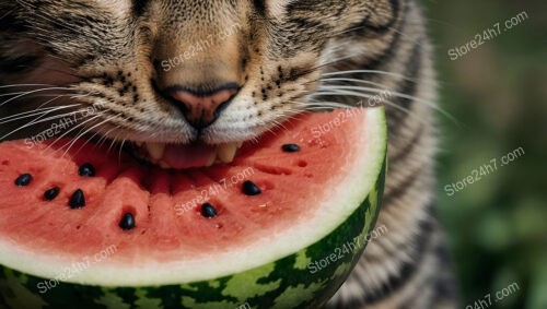 Whiskered Cat Delights in a Juicy Slice of Watermelon