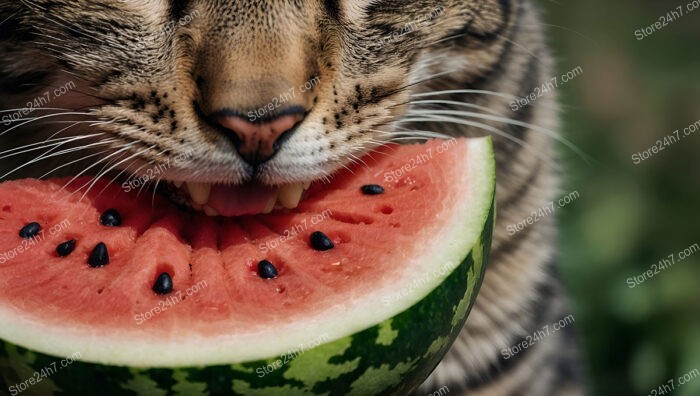 Whiskered Cat Delights in a Juicy Slice of Watermelon