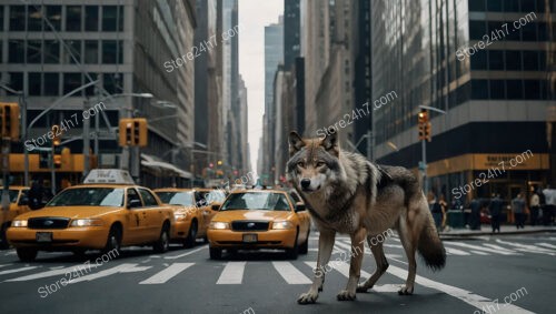 Wild Wolf Prowls Wall Street Amidst Bustling Urban Jungle