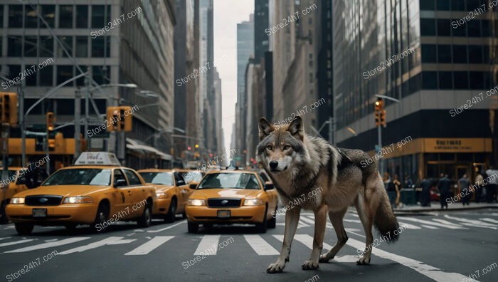 Wild Wolf Prowls Wall Street Amidst Bustling Urban Jungle