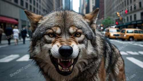 Wild Wolf Snarls Amid Wall Street's Bustling Urban Landscape