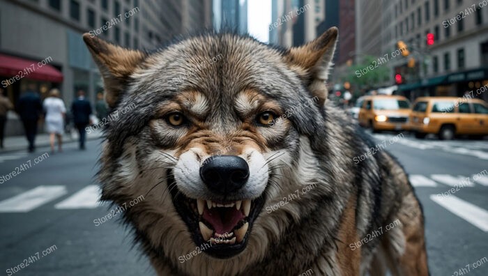 Wild Wolf Snarls Amid Wall Street's Bustling Urban Landscape