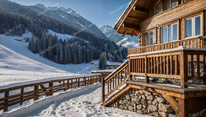 Winter Chalet Overlooking Pristine Alpine Snowy Landscape