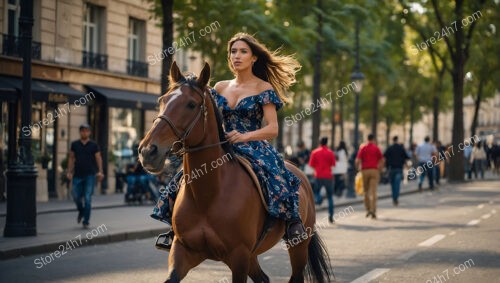 Woman Riding Horse Gracefully Through Bustling City Streets