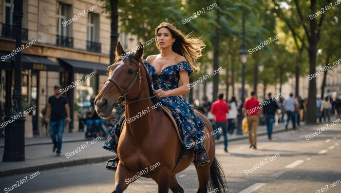 Woman Riding Horse Gracefully Through Bustling City Streets