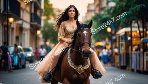 Woman Riding Horse Through Vibrant Evening City Streets