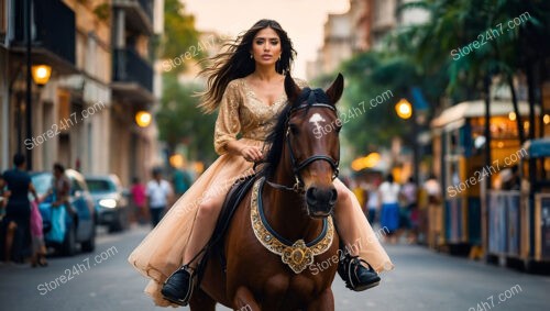 Woman Riding Horse Through Vibrant Evening City Streets
