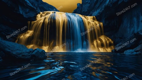 A Majestic Waterfall of Gold Cascading in Dark Blue Valley