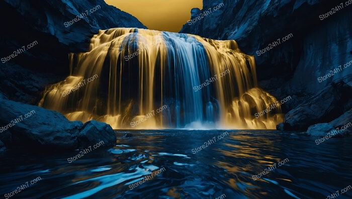 A Majestic Waterfall of Gold Cascading in Dark Blue Valley