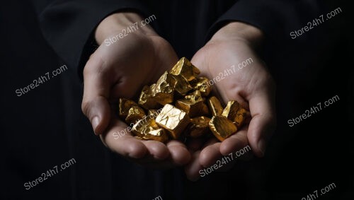 A Pair of Hands Holding Gold Nuggets in Darkness