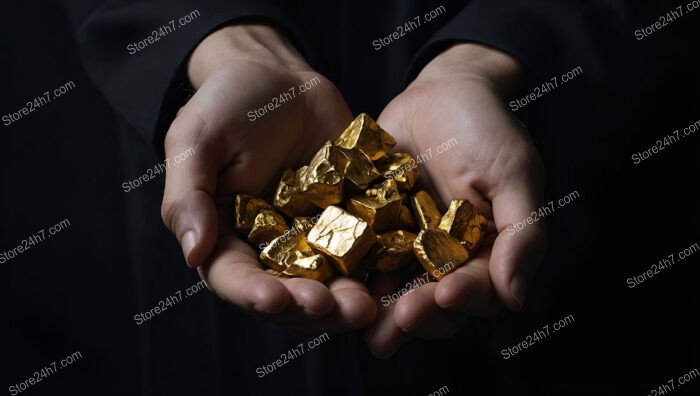 A Pair of Hands Holding Gold Nuggets in Darkness