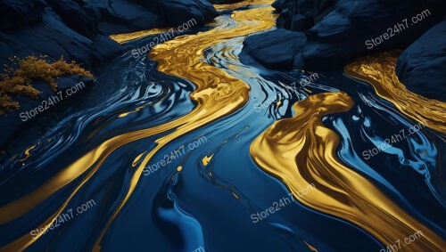 A Surreal Flow of Gold in Midnight Blue Landscape