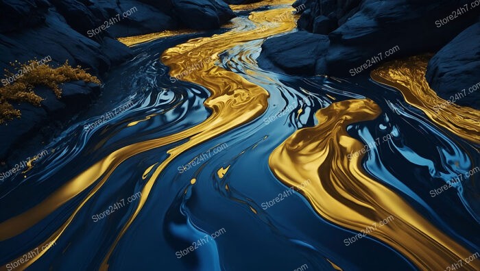 A Surreal Flow of Gold in Midnight Blue Landscape