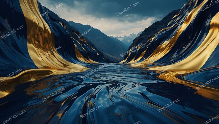 A Surreal River of Gold Flowing Between Dark Blue Mountains