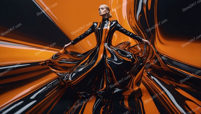 Abstract Elegance: Fluid Orange and Black Fashion Statement