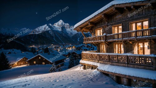 Alpine Chalet Overlooking Snowy Village and Majestic Mountains