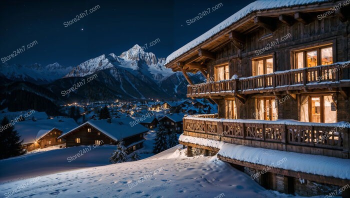 Alpine Chalet Overlooking Snowy Village and Majestic Mountains