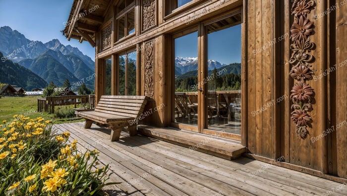 Alpine Wooden Chalet with Intricate Carvings and Flower Garden