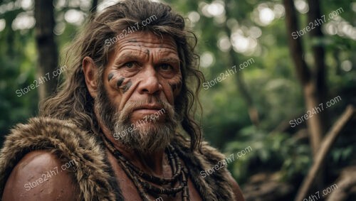 Ancient Caveman with Tribal Markings in Forest Clearing