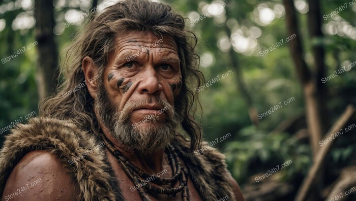 Ancient Caveman with Tribal Markings in Forest Clearing