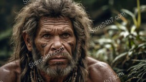 Ancient Caveman with Tribal Paint in Dense Jungle