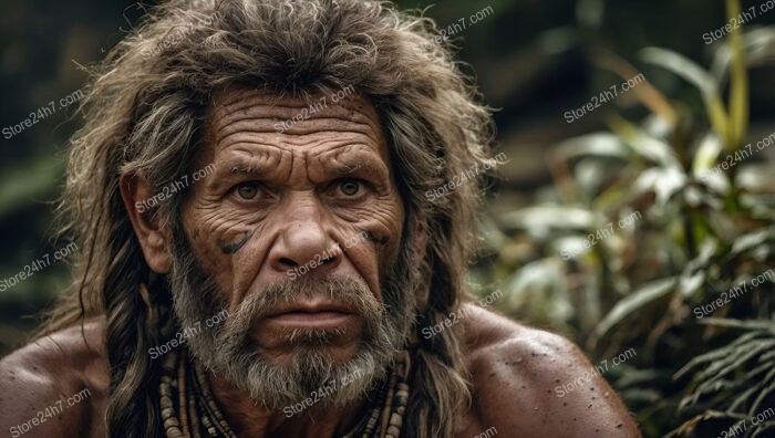 Ancient Caveman with Tribal Paint in Dense Jungle