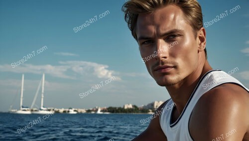 Athletic Man in Sleeveless Shirt on Yacht by the Sea