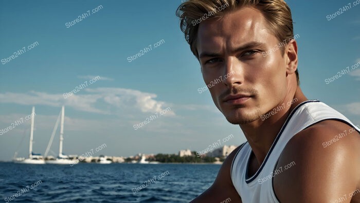 Athletic Man in Sleeveless Shirt on Yacht by the Sea