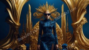 Avant-Garde Fashion in Regal Gold and Blue Setting