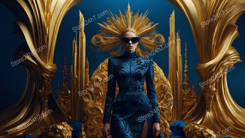 Avant-Garde Fashion in Regal Gold and Blue Setting