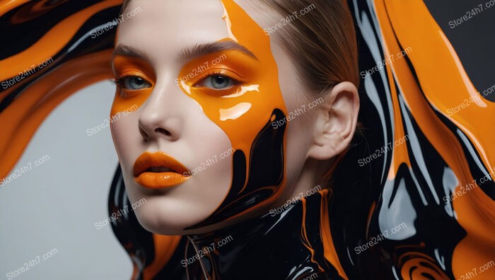 Avant-Garde Makeup Model with Dynamic Black and Orange Design