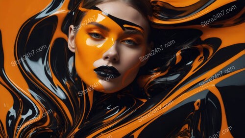 Avant-Garde Makeup Model with Swirling Black and Orange Design