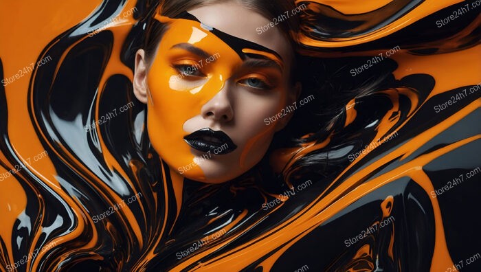 Avant-Garde Makeup Model with Swirling Black and Orange Design