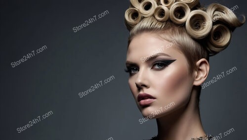 Avant-garde updo with intricate curls and sharp makeup