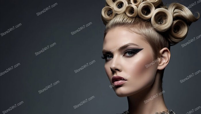 Avant-garde updo with intricate curls and sharp makeup