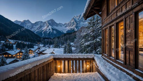 Balcony View from Chalet Overlooking Snowy Alpine Village