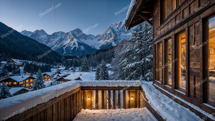 Balcony View from Chalet Overlooking Snowy Alpine Village