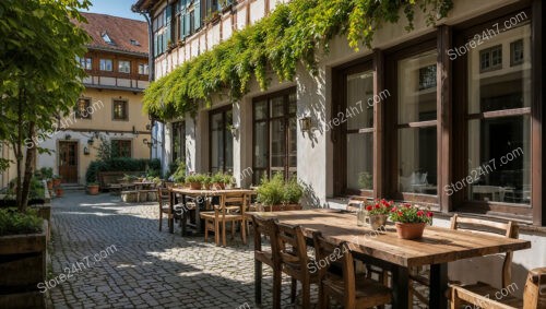 Bavarian Courtyard with Ivy-Covered Facade and Outdoor Seating