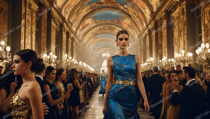 Blue Gown with Gold Belt in Grand Ballroom